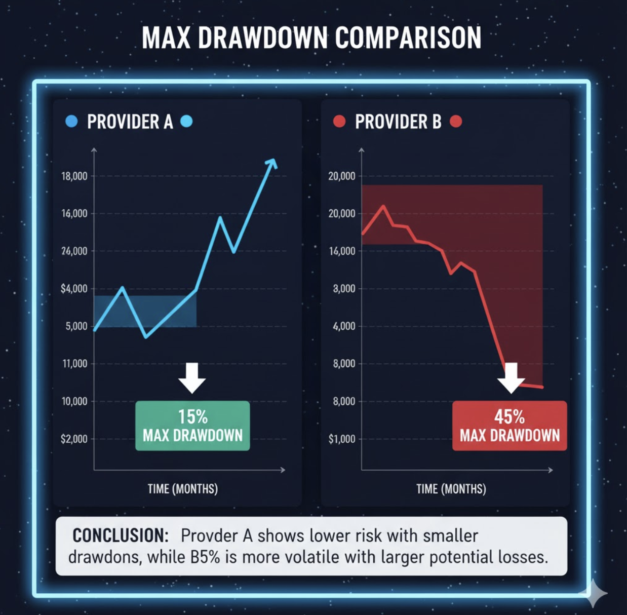 Provider A with 15% max drawdown vs Provider B with 45% max drawdown over the same time period